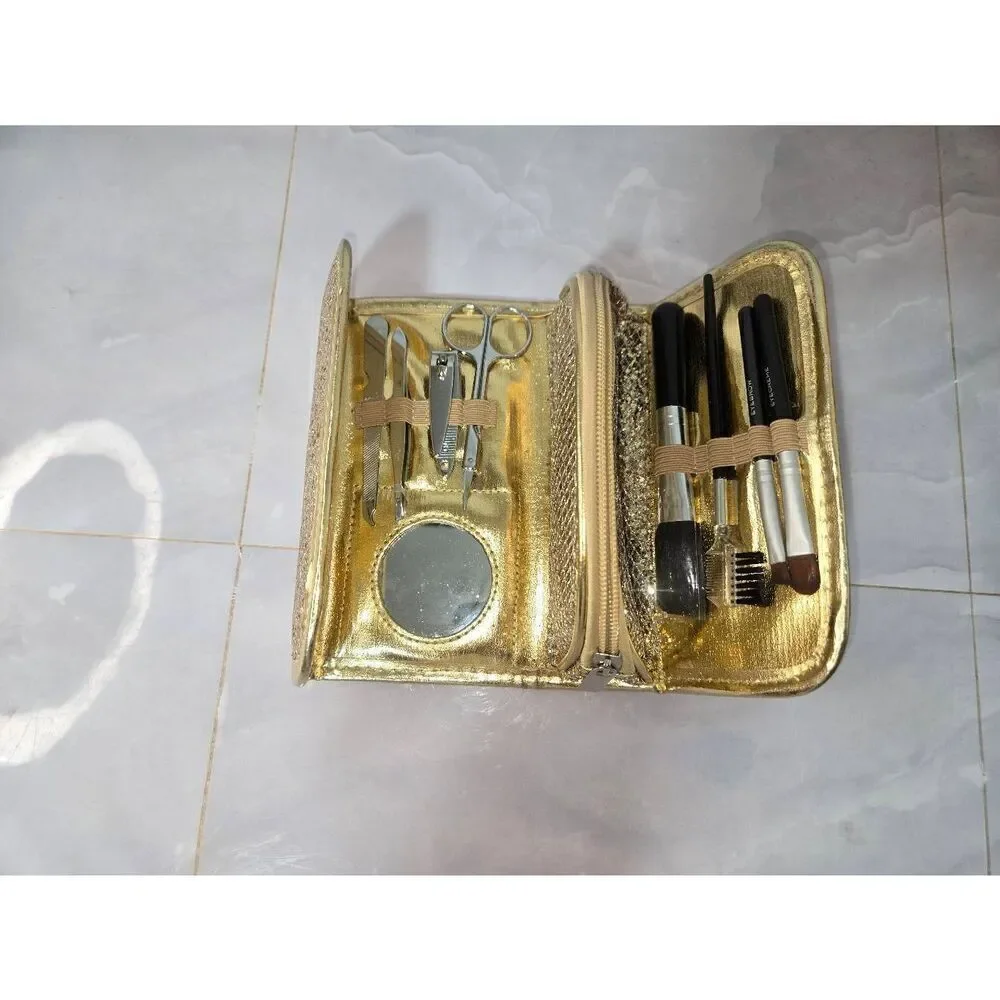 Womens Gold Sequined Travel Makeup And Grooming Accessories Case.
